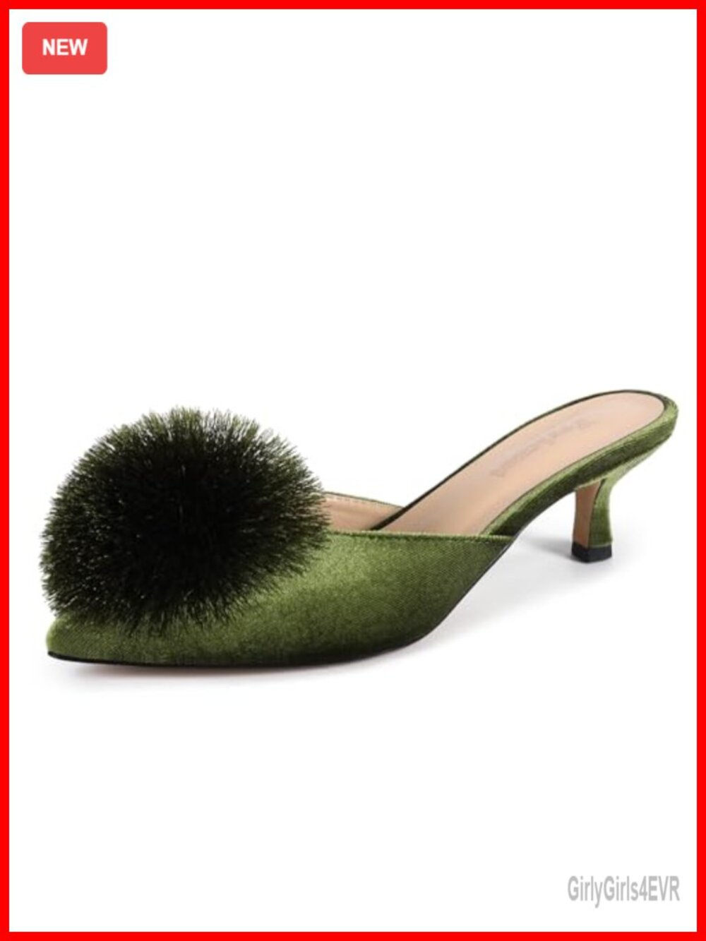 Velvet Kitten Heel Mules Pointed Toe Backless Slip On Fluffy Pom Pom Dress Shoes